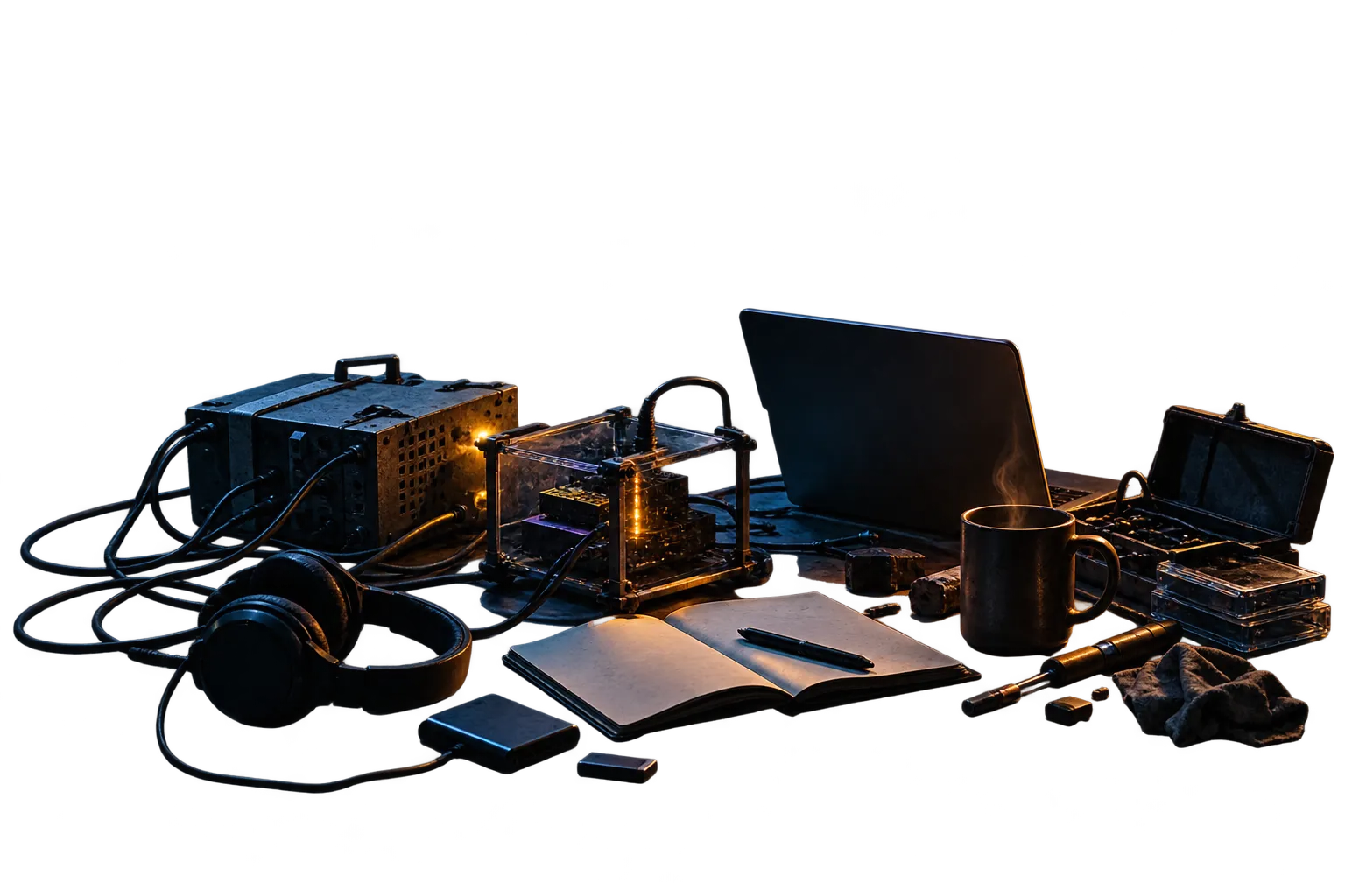 A workbench at night: laptop, open notebook, headphones and instruments under a lamp