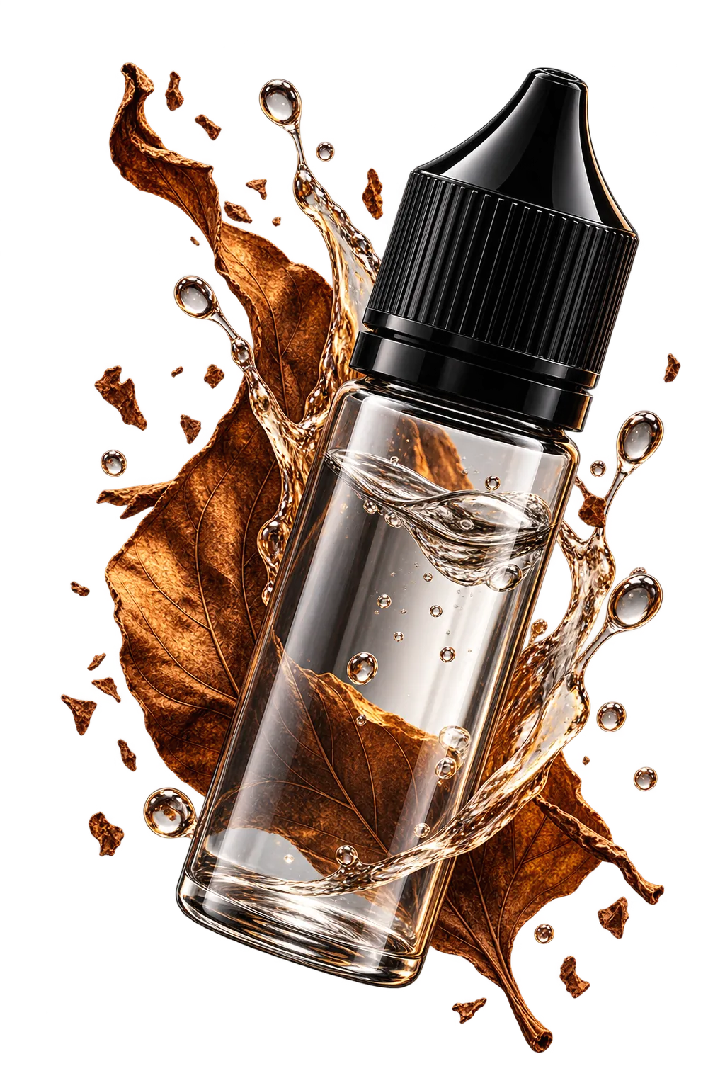 A clear bottle of nearly colourless liquid beside a dry tobacco leaf