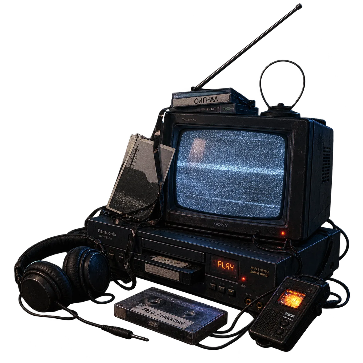 An old TV showing static, a VCR, headphones and cassettes labelled "Сигнал" and "FREQ / UNKNOWN"
