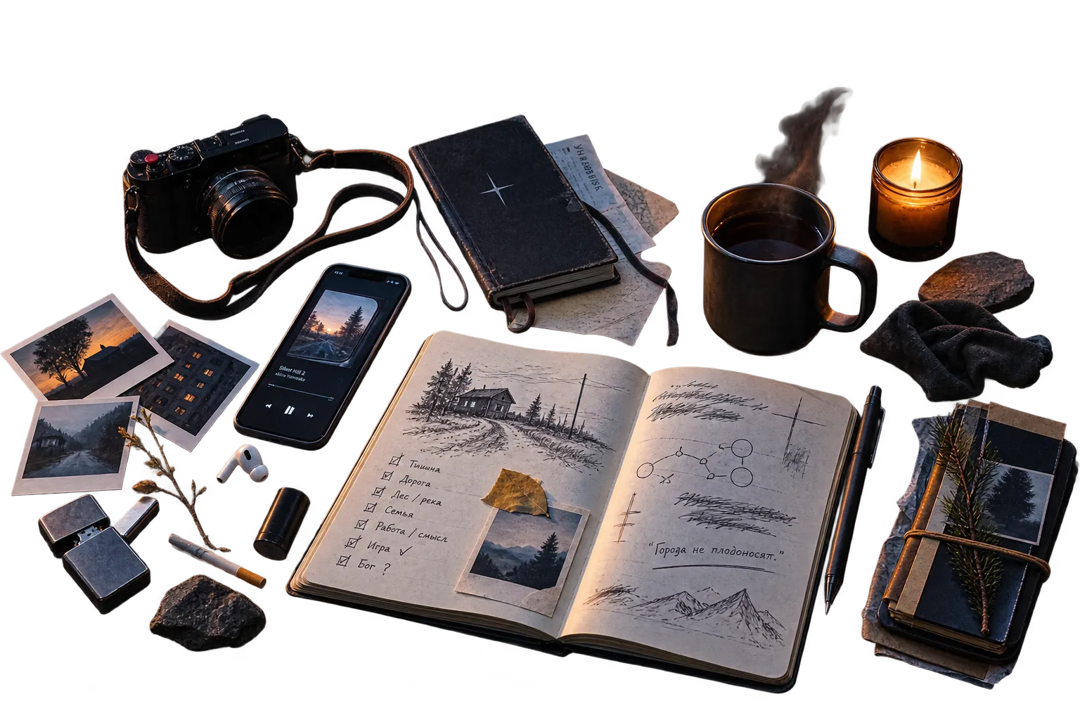 An open journal with sketches, photographs, a camera and a candle on a dark table
